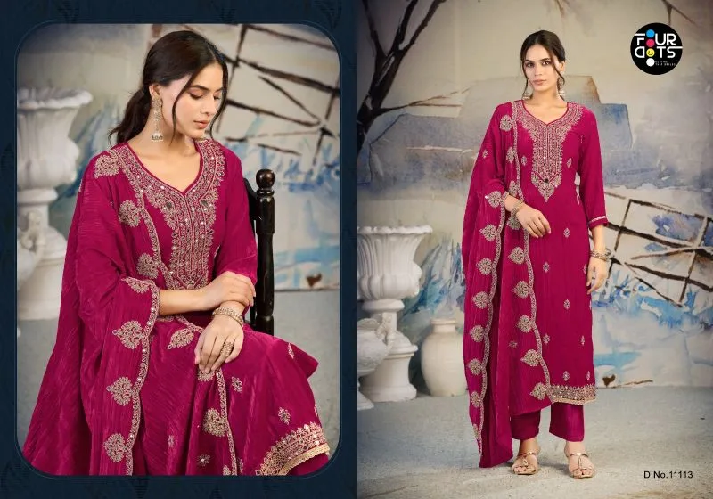Roza By Fourdots Crush Velvet Cording And Mirror Work Dress Material 